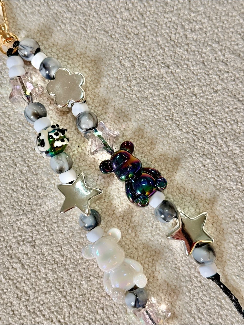 Hand Crafted Beaded Bag Charm in White, Black, Silver and Iridescent